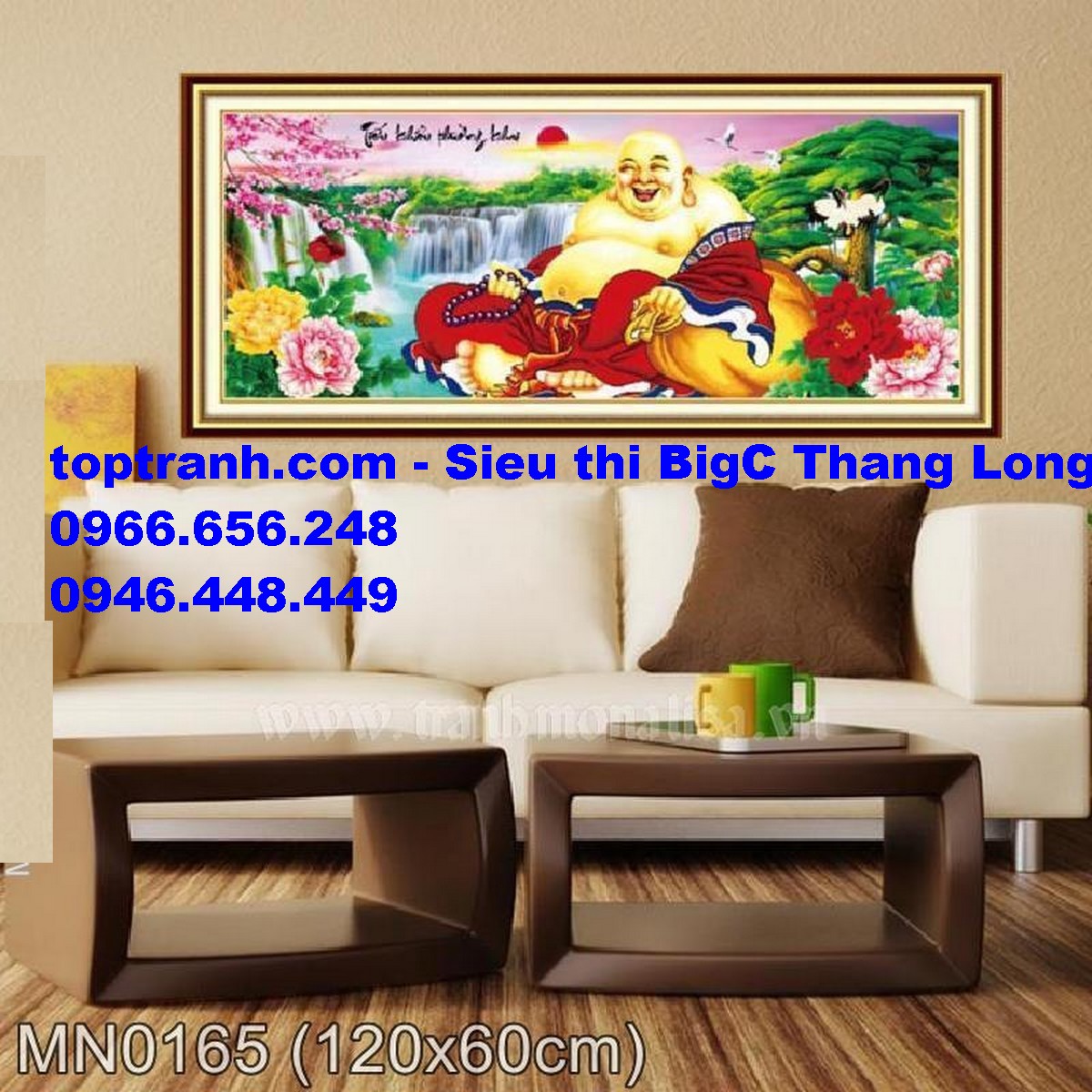Tranh thêu chữ thâp Phật di lặc hoa mẫu đơn và cây tùng MN0165 chưa thêu