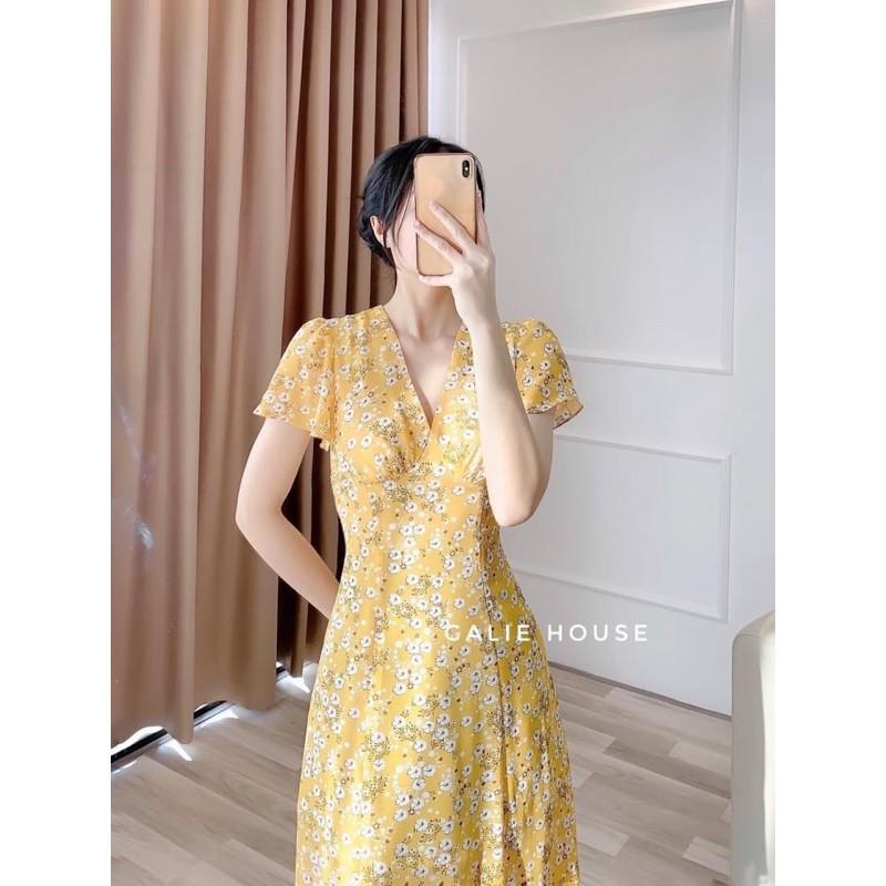 VÁY HOA TƠ CỔ V 2 MÀU XANH VÀNG CHO NỮ