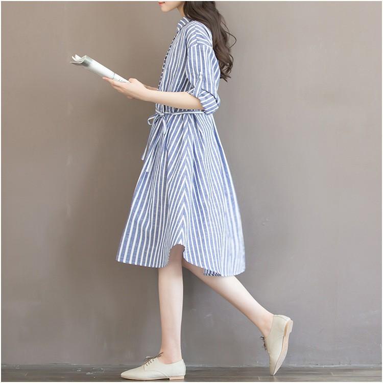Đầm chữ A tay ngắn họa tiết sọc thời trang cho nữ