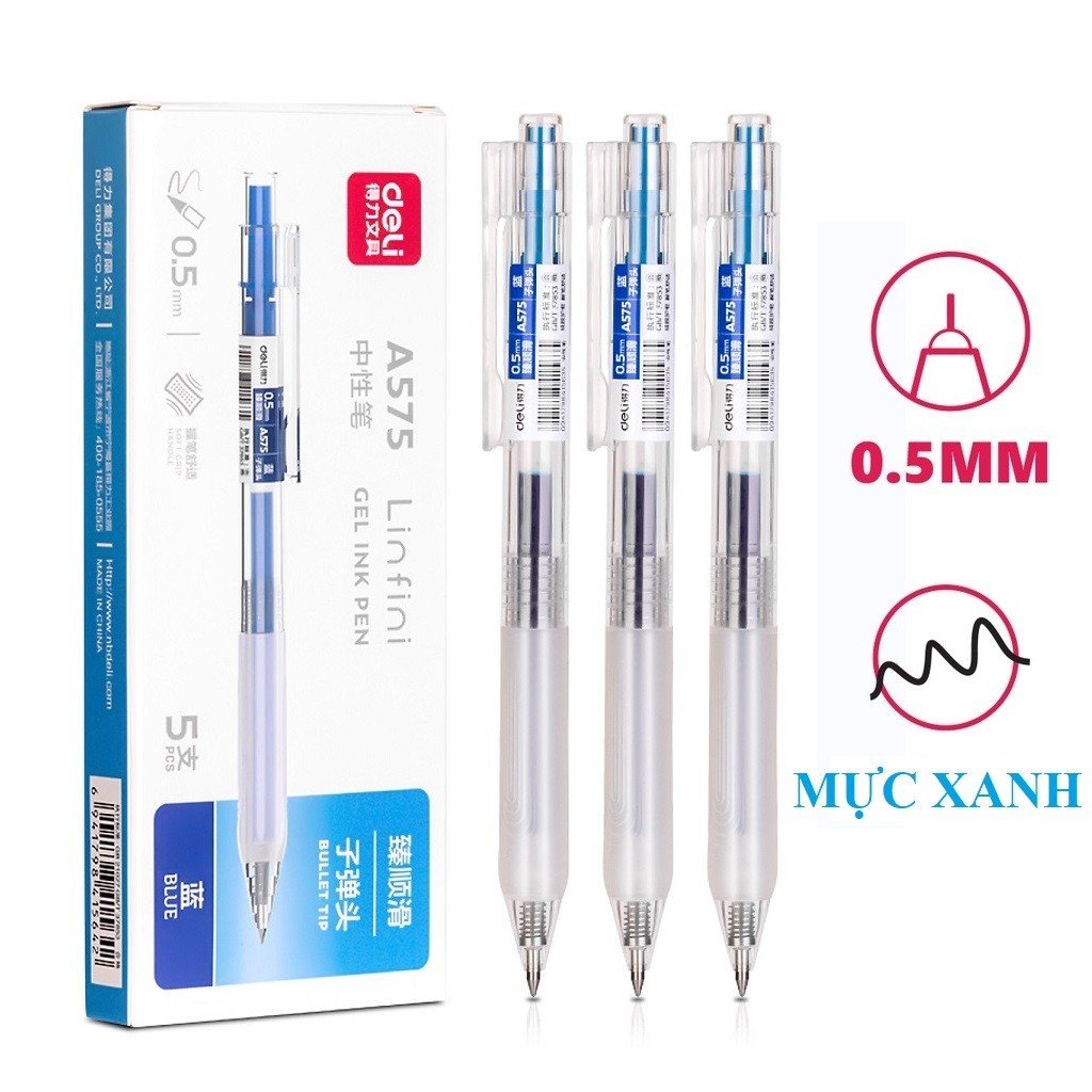 Sét 5 Bút bi gel bấm DelI A575 ngòi 0.5mm mực đều nét chữ đẹp, viết siêu trơn