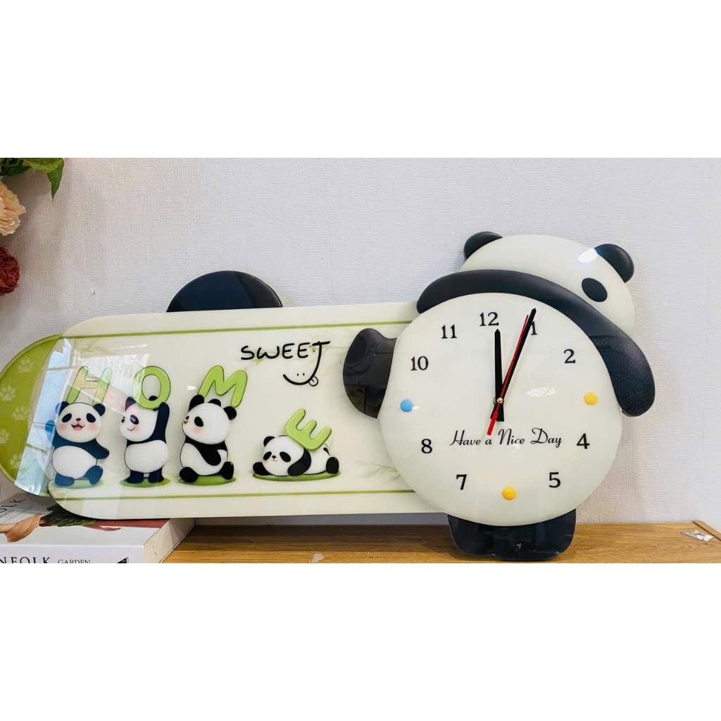 (HCM) Tranh đồng hồ đèn led tráng gương gấu trúc dễ thương 3 trang trí phòng bé kèm đinh treo