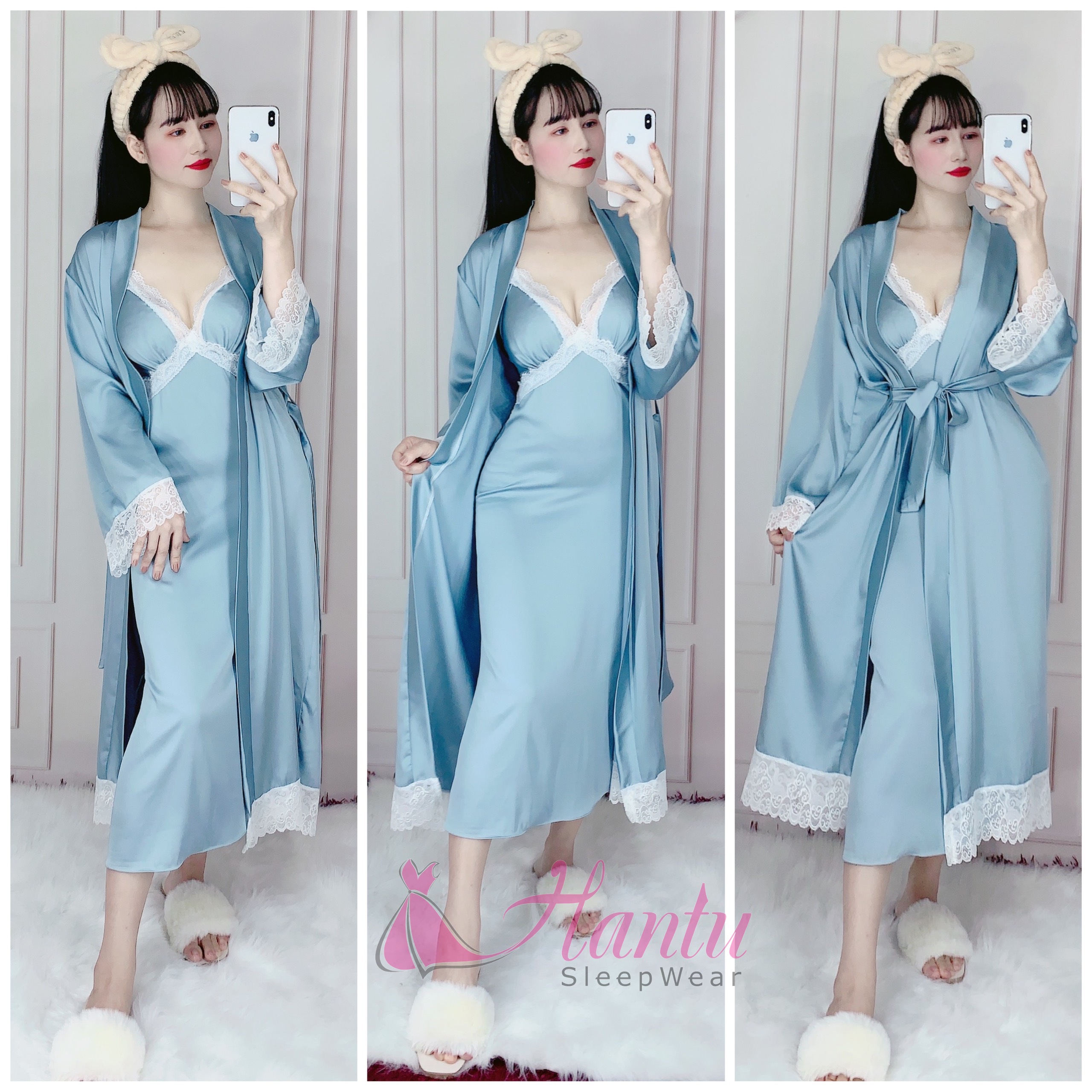 Hantu Sleepwear -Set áo choàng dài kèm váy ngủ lụa cao cấp dài quá gối mặc nhà sang trọng