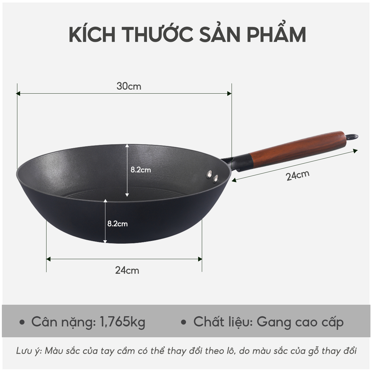 Chảo gang sâu lòng chống dính Lebenlang LBL2524, size 30cm, tay cầm gỗ dùng mọi loại bếp - hàng chính hãng