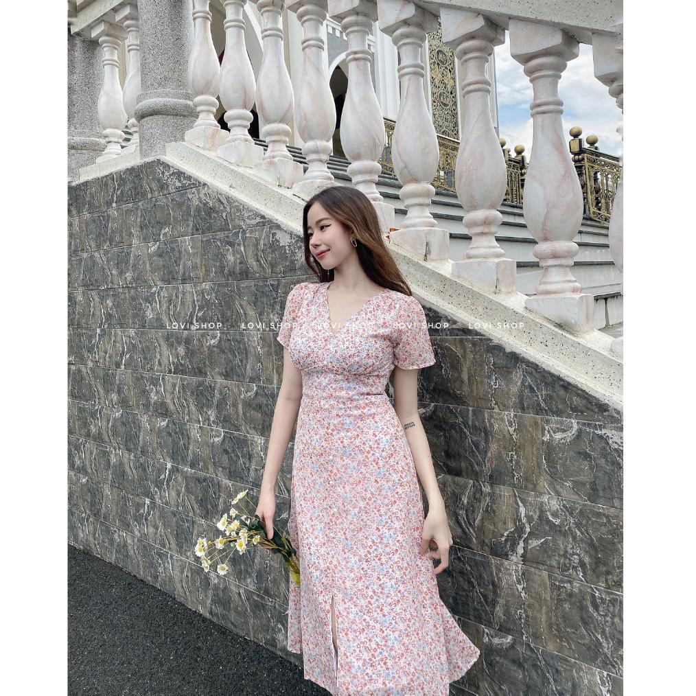 Váy đầm voan hoa nhí thiết kế nút ngọc cổ V phong cách thiểu thư vintage Lovi