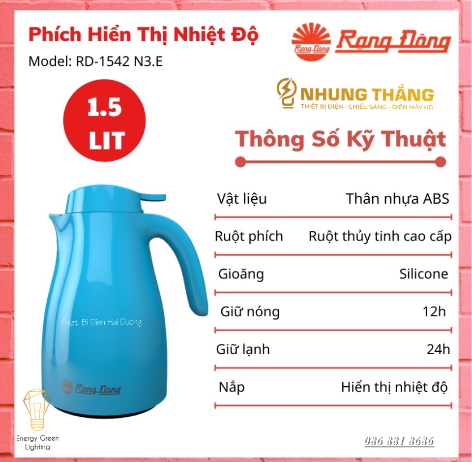 Phích Giữ Nhiệt Rạng Đông 1542N3.E - Dung Tích 1.5L - Hiển Thị Nhiệt Độ Thông Minh - Màu Random- Có Video