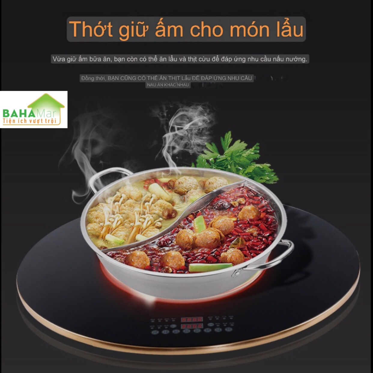 MÂM 80CM GIỮ ẤM MÓN ĂN SUỐT BỮA VÀ TÍCH HỢP KÈM BẾP NẤU LẨU Ở GIỮA CÓ THỂ XOAY TRÒN "BAHAMAR" Vừa giữ ấm thức ăn trong bữa vừa đun nấu tại bàn
