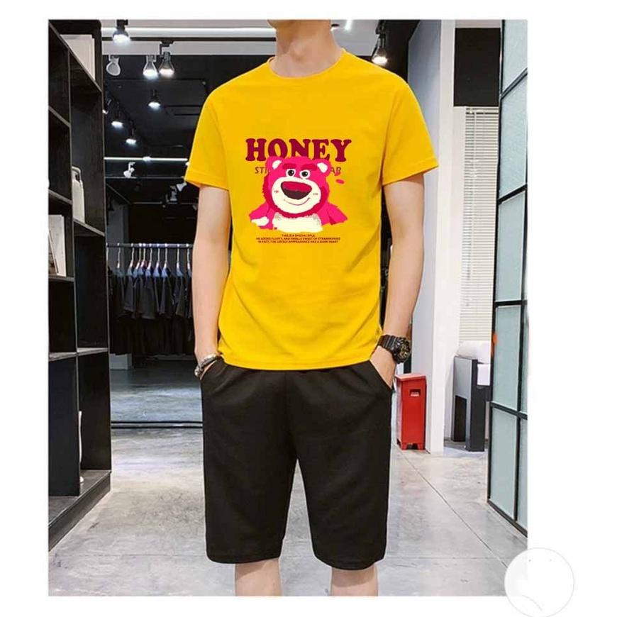 Đồ mặc nhà GẤU DÂU HONEY mùa hè Dáng Thể Thao Chất Vải Thun Độ Co Giãn Nhẹ + Bộ Đồ Nam nữ Mang Phong Cách Hàn Quốc