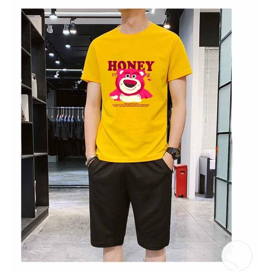 đồ bộ thể thao gấu honey nam nữ kiểu áo thun ngắn kết hợp với quần short mát mẻ thoải mái dễ chịu–set quần áo Tập GYM