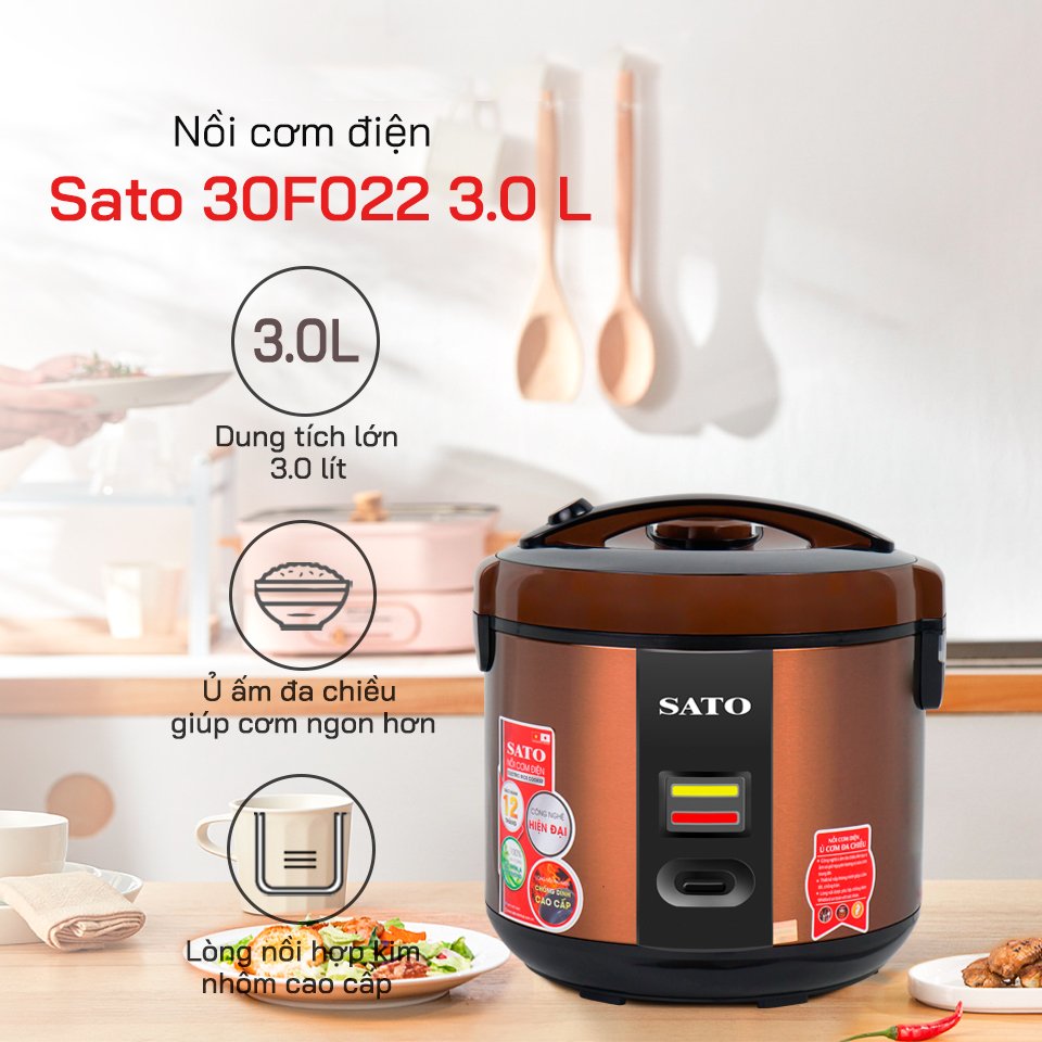 Nồi Cơm Điện SATO 30S022 3.0L - Thiết kế nắp gài chắc chắn, hệ thống chống tràn tốt, nút điều khiển đơn giản, tiện dụng - Miễn phí vận chuyển toàn quốc - Hàng chính hãng