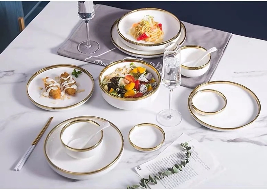 Bát đĩa 26 món. set bát 26 món màu trắng viền vàng - Sứ Cẩm Thạch Viền Vàng 24k Sang Trọng