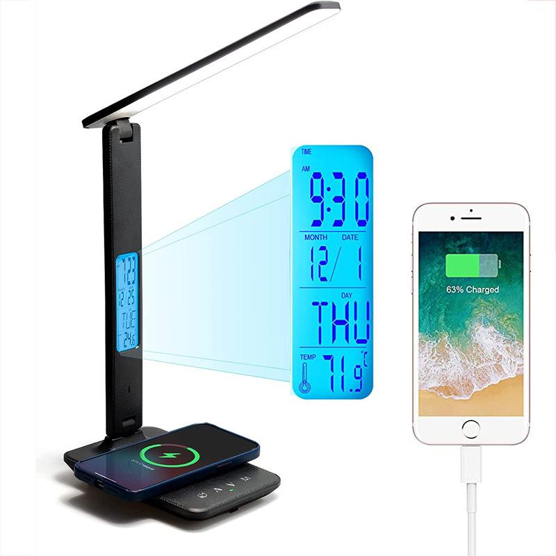 Đèn văn phòng LED với tải tải không dây 10 W và cổng tải USB, 3 nhiệt độ màu, độ sáng 5, điều khiển cảm ứng, thời gian, nhiệt độ, chức năng đồng hồ cho văn phòng tại nhà