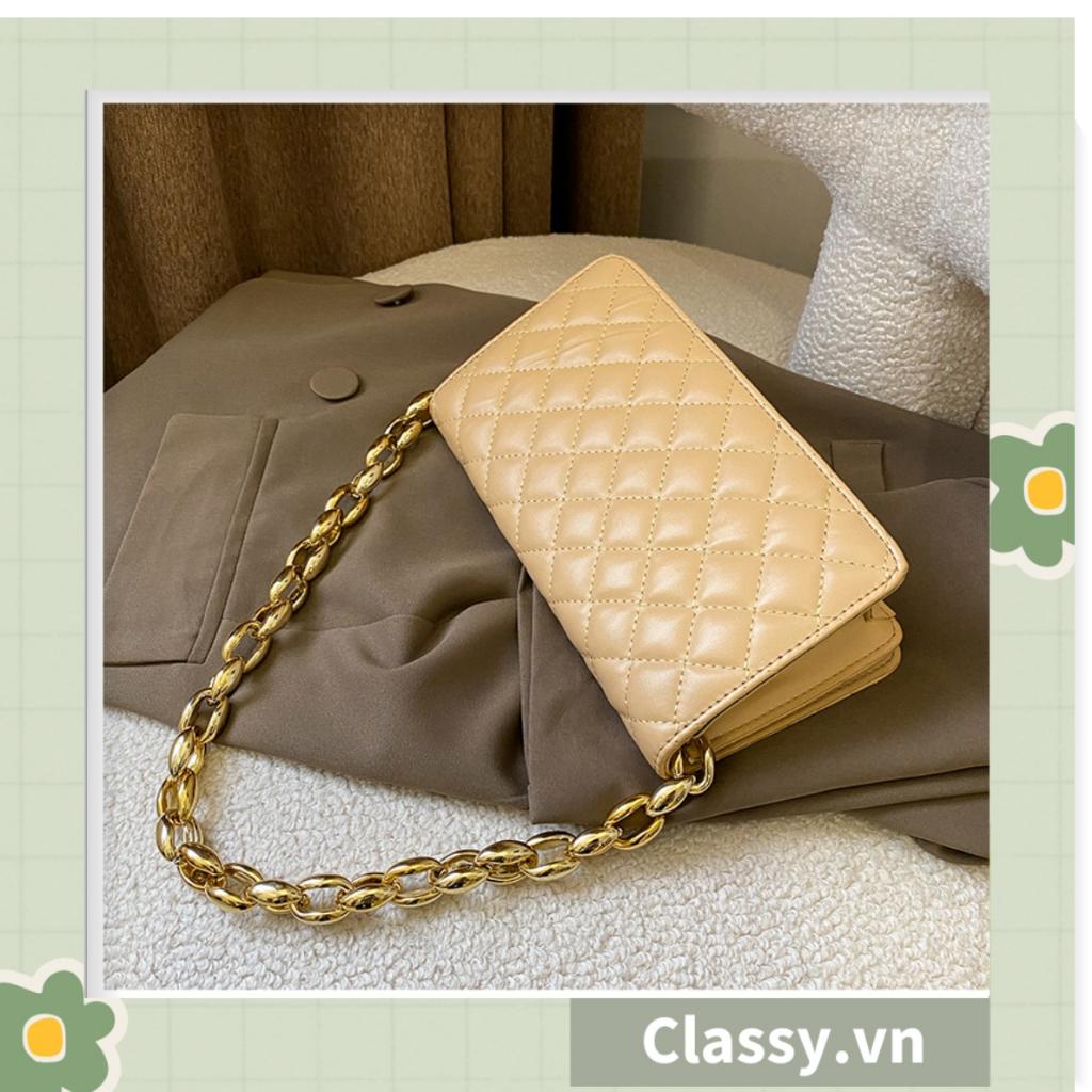 TÚI KẸP NÁCH nữ Classy CLASSIC, HÌNH HỘP VUÔNG HOẠ TIẾT CHẦN Ô, KHÓA XÍCH VÀNG TO BẢN RẤT SANG T594