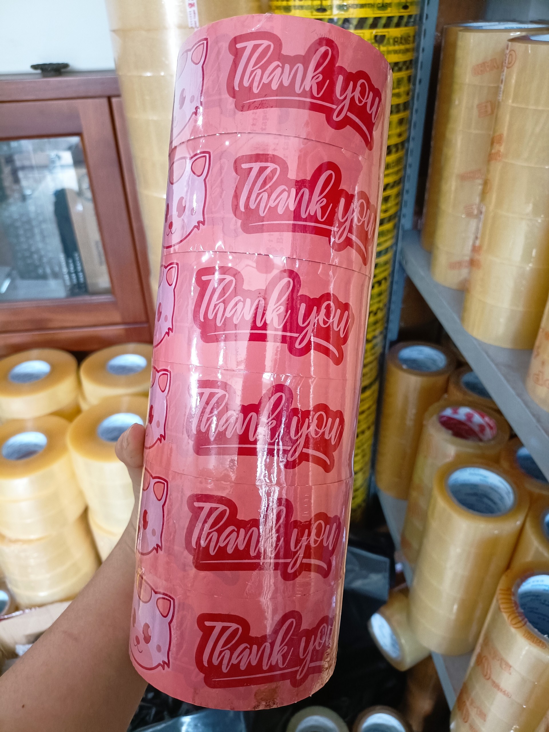 6 cuộn băng keo in hình mèo kèm chữ Thank you màu cam sữa