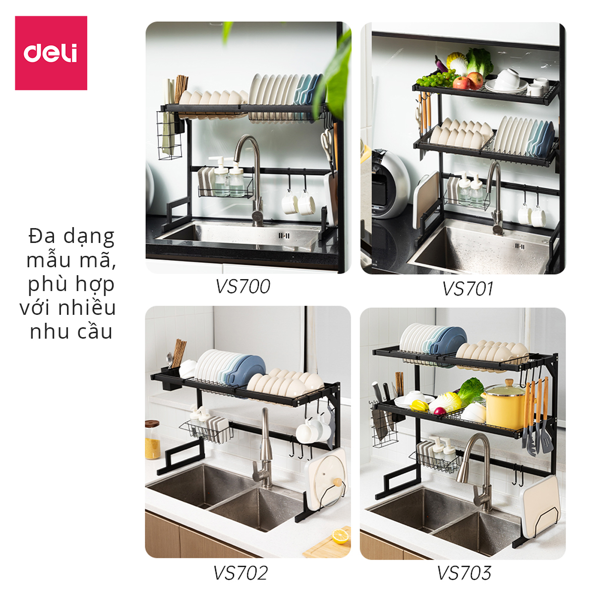 Kệ Chén Bát Nhà Bếp Đa Năng Deli - Chống Xước Sơn Đen Tĩnh Điện Giá Úp Bát Trên Bồn Rửa Ráo Nước - Kèm Các Phụ Kiện Treo Ống đũa, Dao Kéo, Có Thể Kéo Dãn Thông Minh Tuỳ Loại - Nhiều Kích Cỡ - VS700