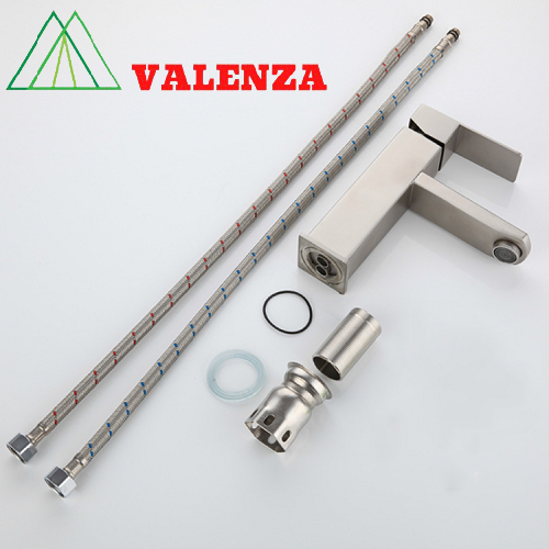 Vòi lavabo nóng lạnh inox sus304 Valenza LV01 thân vuông kèm dây cấp nước-hàng chính hãng