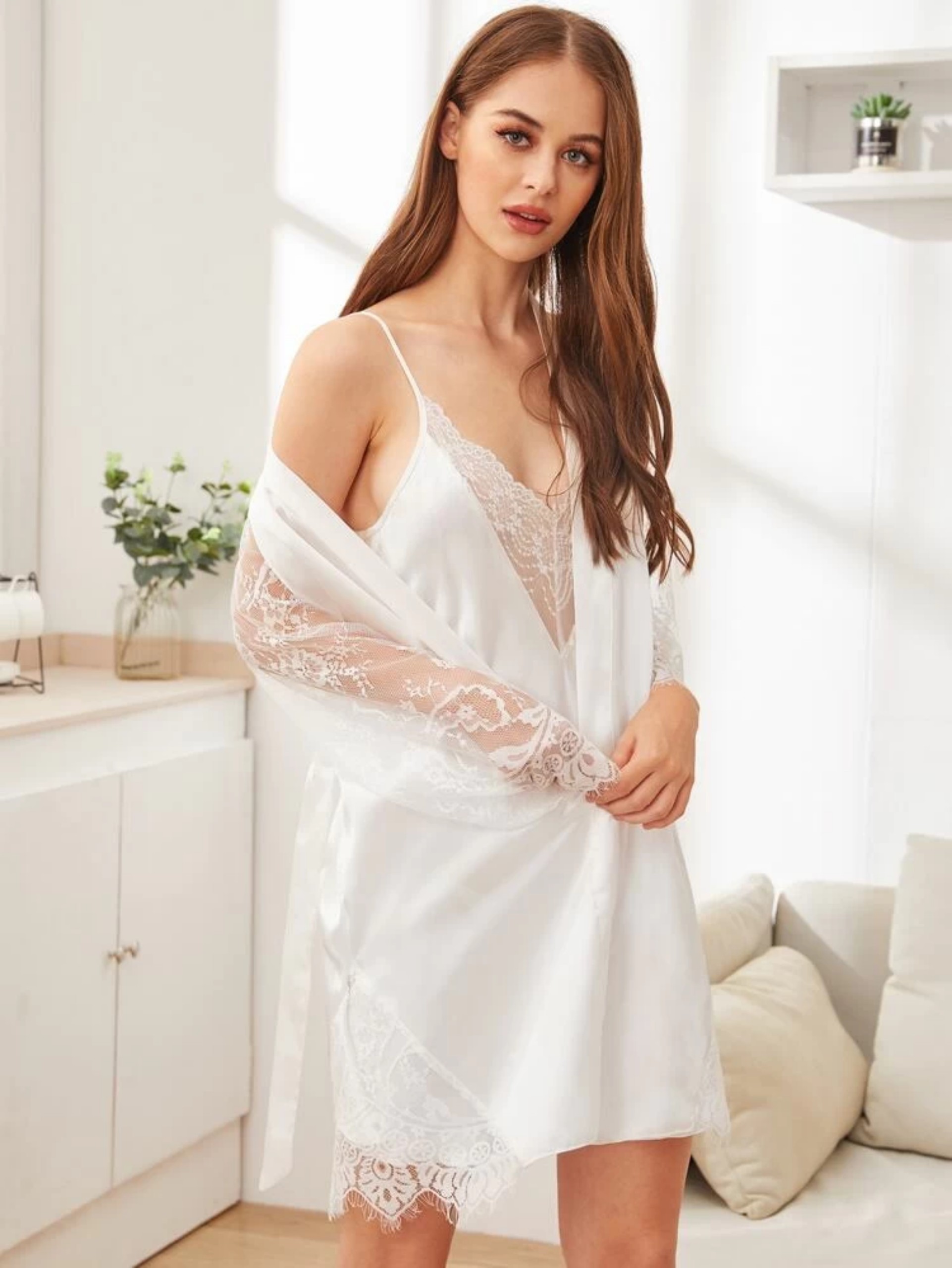 Hantu Sleepwear-Áo choàng lua,áo choàng cô dâu chụp hình cưới tay ren dài