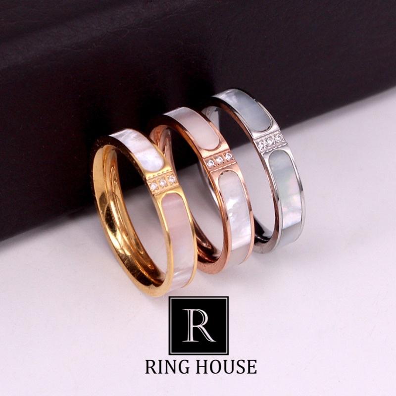 (Titan) Nhẫn Titan Cho Cặp Đôi Nam Nữ Khảm Xà Cừ Đính 3 Viên Ngọc Sáng Đẹp Ring House