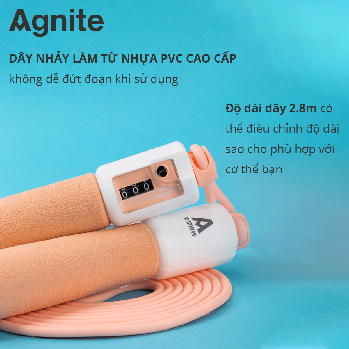 Dây nhảy thể dục lõi thép, dây PVC đếm số tự động Agnite - dây nhảy tại nhà hỗ trợ giảm cân, tập luyện tại nhà, boxing, muaythai