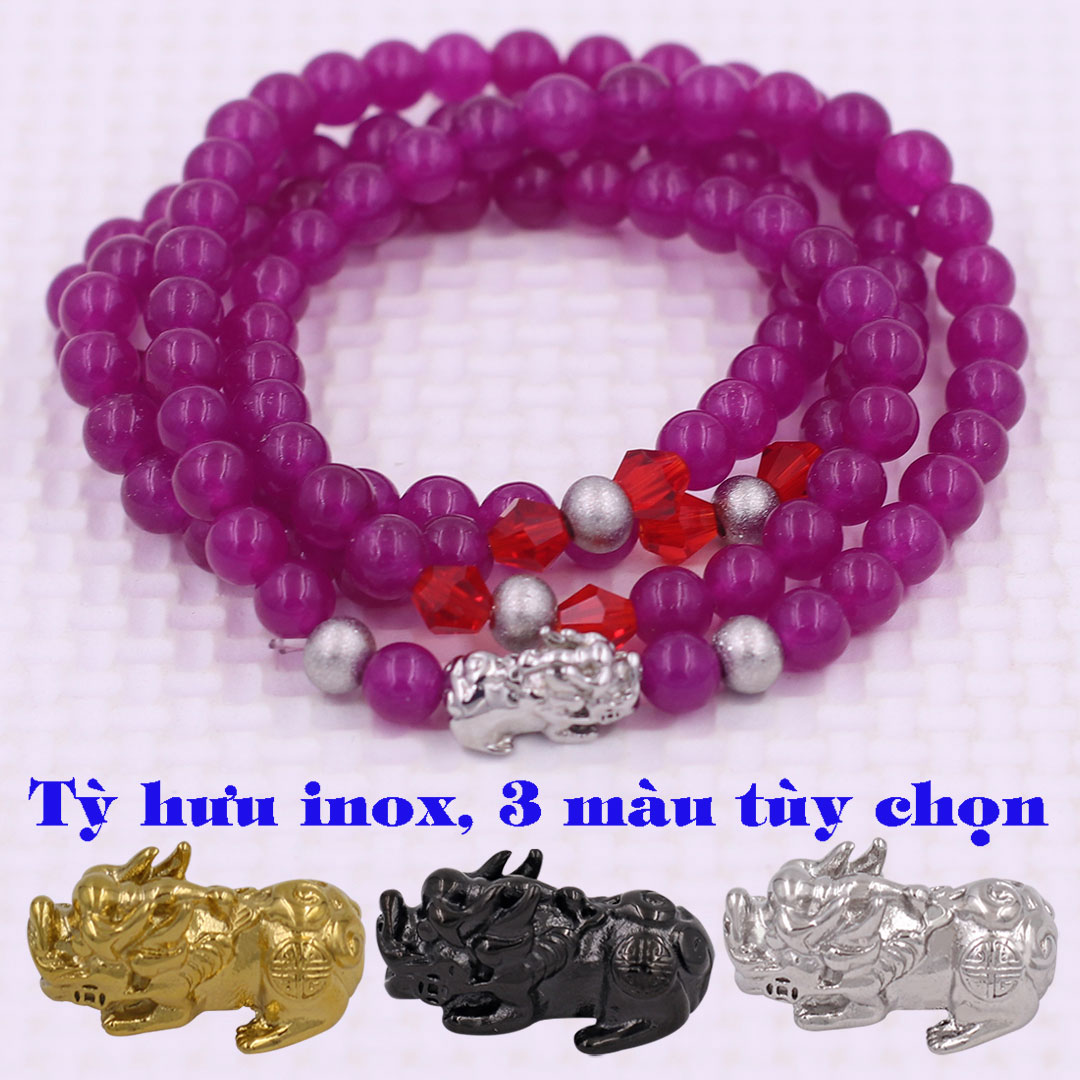 Vòng chuỗi 108 hạt Đá Thạch anh hồng charm tỳ hưu inox - Chuỗi hạt 6 ly, 8 ly - Vòng chuỗi niệm Phật Bình an, May mắn - Mệnh Hỏa, Thổ