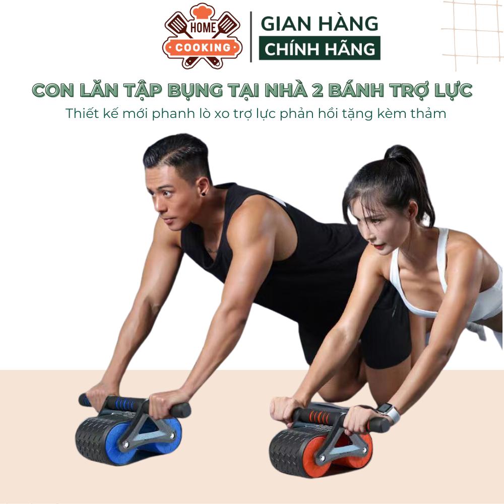 Con lăn tập bụng tại nhà 2 bánh trợt lực lò xo, thiết kế mới tự động kéo về, chắc chắn chịu lực đến 300kg, tặng kèm thảm