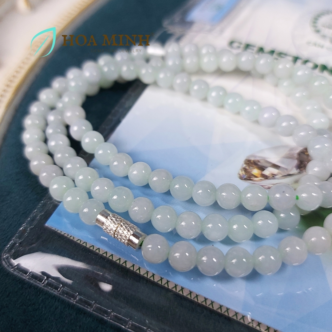 Vòng cổ 108 hạt ngọc Cẩm Thạch A xanh táo size hạt 5.5 li (có thể đeo thành vòng tay) VIP, trong bóng | Hoa Minh Gem