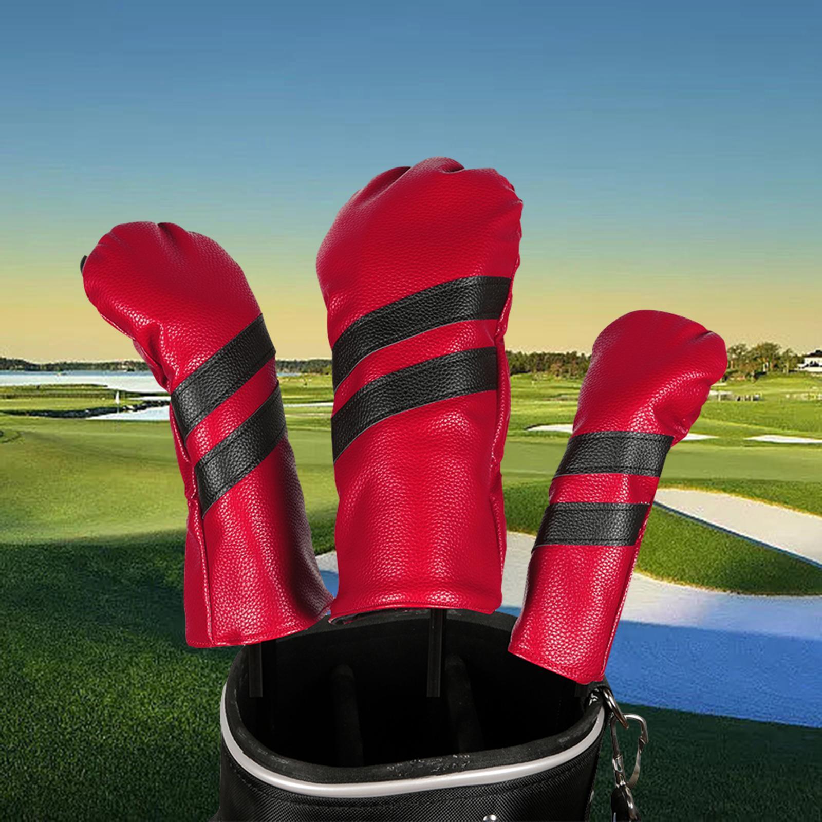 3Pcs PU Leather Golf Wood Covers Hybrid Cover with Interchangeable Tags Waterproof Long Neck Golf Headcovers for Woods Golf Club Covers