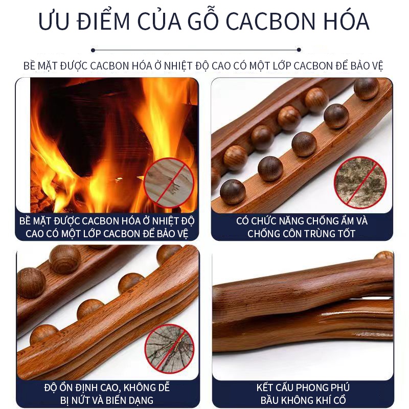 Gậy Gỗ Massage đa năng Body Đả Thông Kinh Lạc, Thanh Gỗ massage Vạn Năng10 Bi Carbon Dài 60cm Dùng Trong Spa Dưỡng Sinh