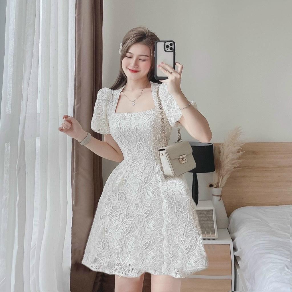 ĐẦM XÒE REN HOA CỔ VUÔNG TAY PHỒNG