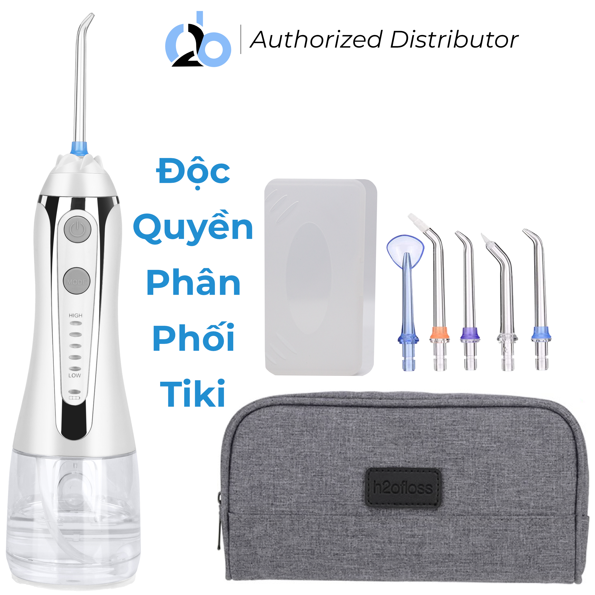 Tăm nước cầm tay H2ofloss HF-2 phiên bản nâng cấp được phân phối độc quyền với nút mở bình nước tiện lợi, tặng kèm 7 đầu tăm, củ sạc nguồn thấp