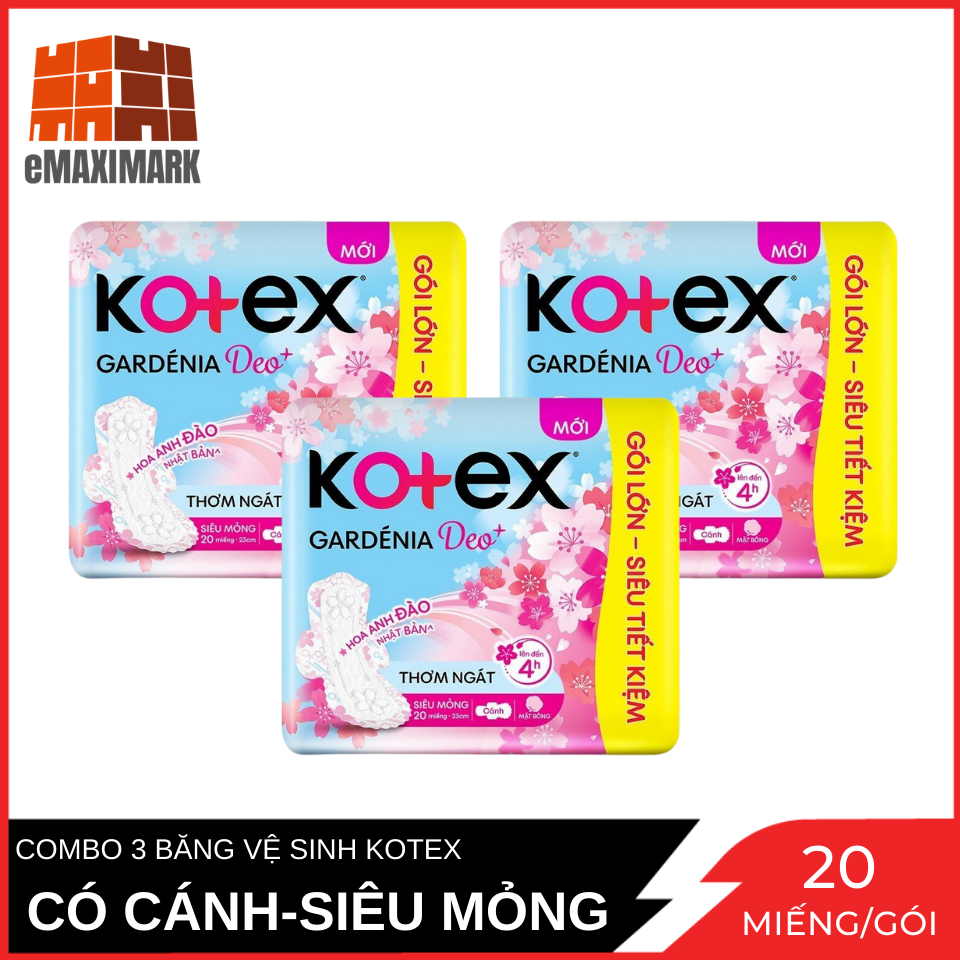 Combo 3 Băng Vệ Sinh Kotex Gardenia Deo+ - Hoa Anh Đào Siêu Mỏng Cánh 23cm 20 Miếng