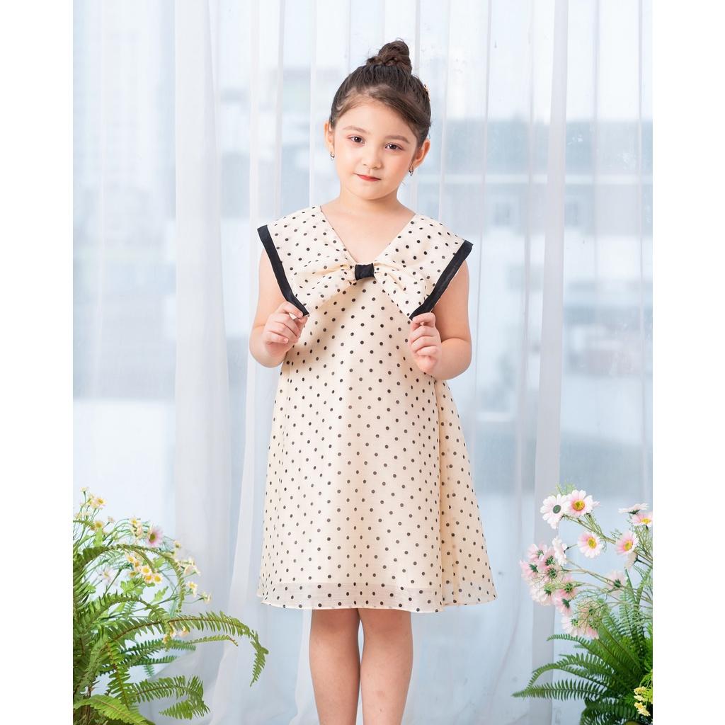 Đầm chấm bi bé gái BYZU chất liệu tơ cotton, váy thiết kế nổi bật với chiếc nơ to