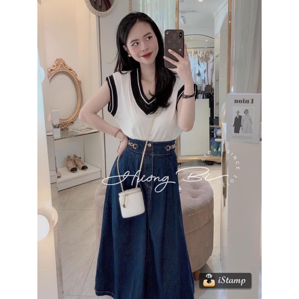 Sét áo ba lỗ phối viền kèm chân váy bò cá tính - áo thun tàu xịn mát Chân váy jean co giãn mềm đẹp - đai khuy xịn xò