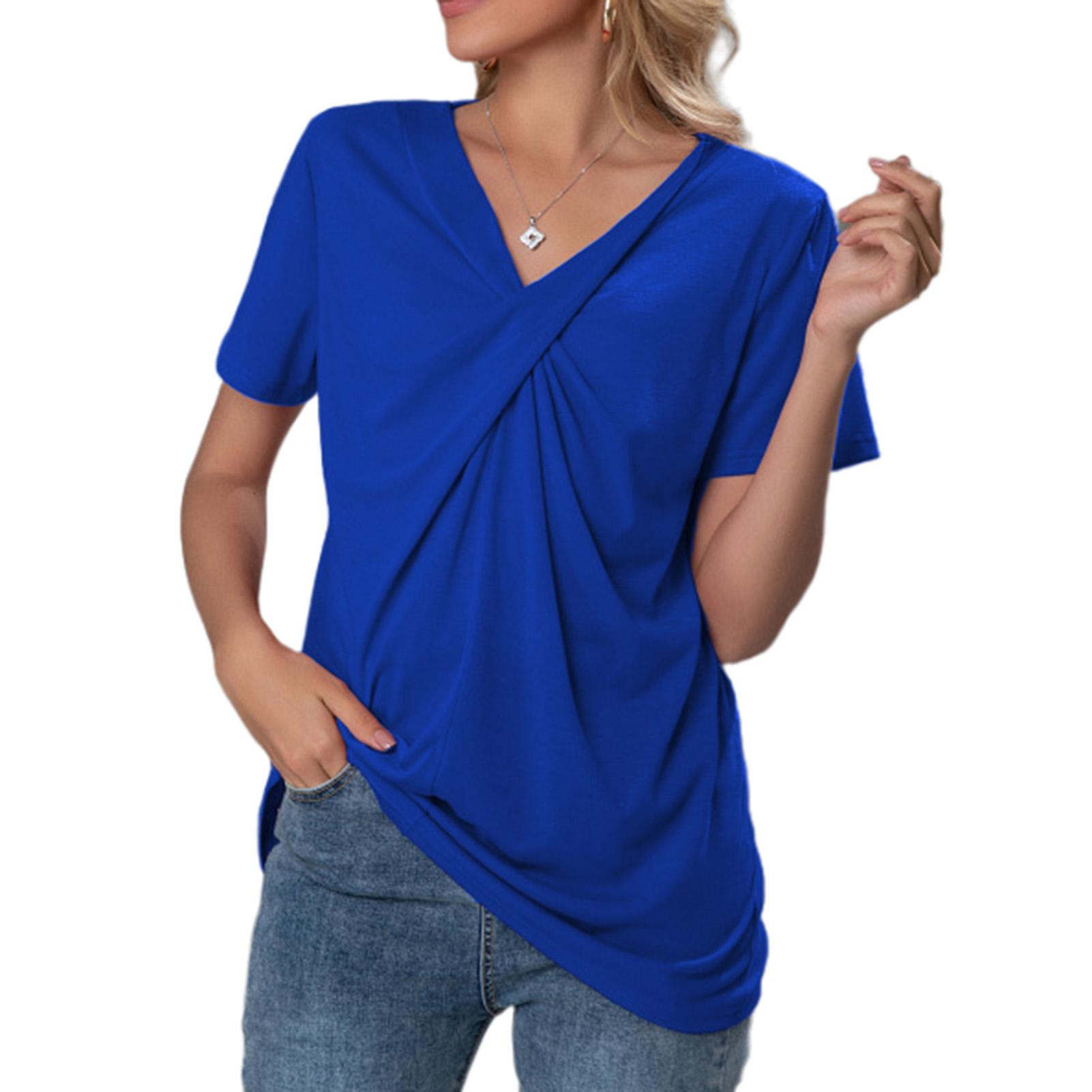 Women T-Shirt Knot Solid Color V-Neck Short Sleeve Tee Tops Casual Summer