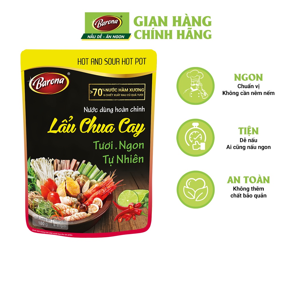 Combo 3 gói Nước dùng Lẩu Chua Cay Barona 180g tươi ngon chuẩn vị không cần nêm nếm