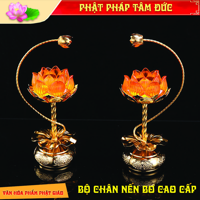 Bộ Chân Đèn Nến Bơ, Chân Đèn Thờ Nến Bơ Lưu Ly Cao Cấp, Chân Đèn Liên Hoa Thuỷ Tinh Để Ban Thờ Bằng Đồng Thau Cao Cấp -