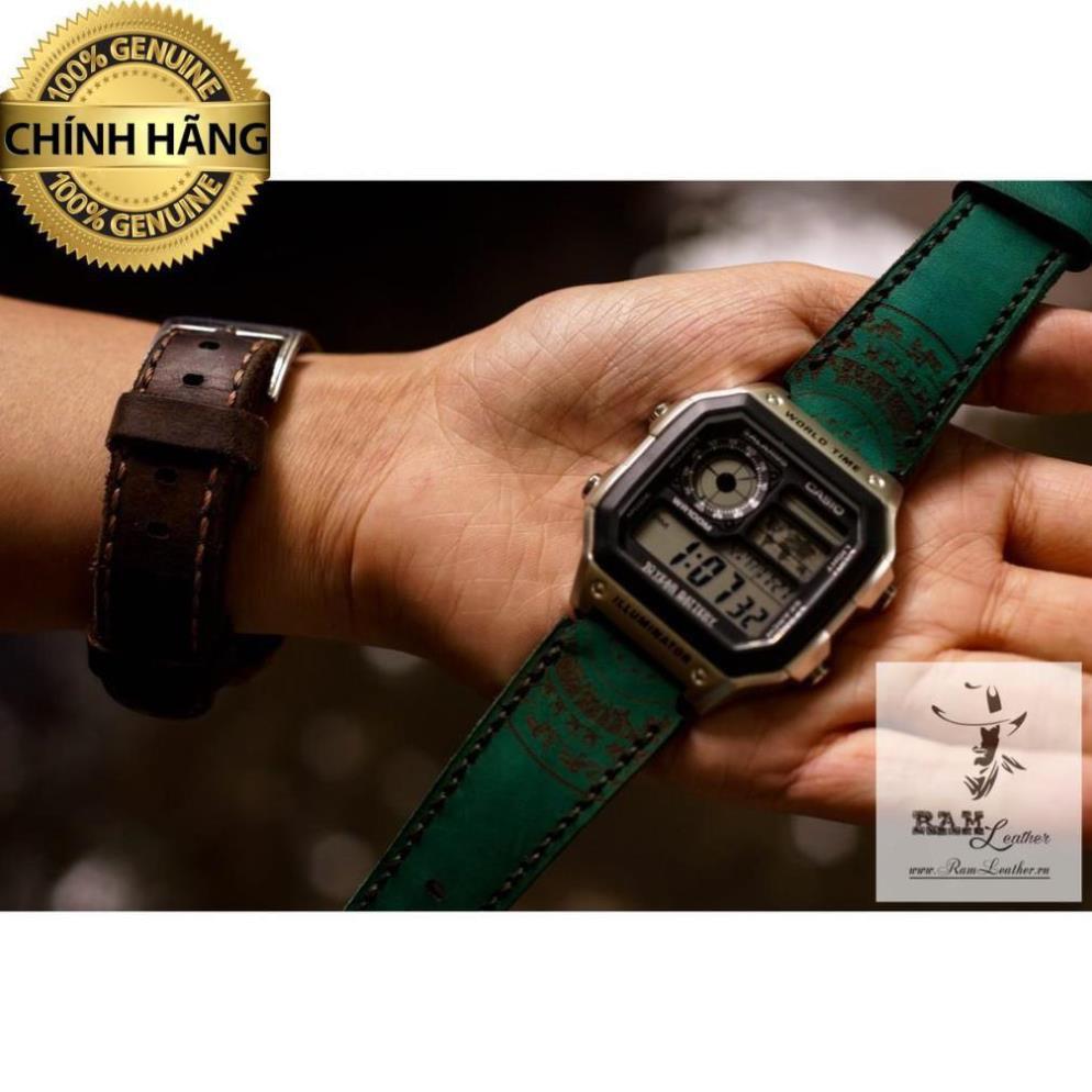 DÂY ĐỒNG HỒ TRỐNG ĐỒNG DÀNH CHO CASIO/SEIKO RAM GREEN DA BÒ THẬT - HÀNG CHÍNH HÃNG