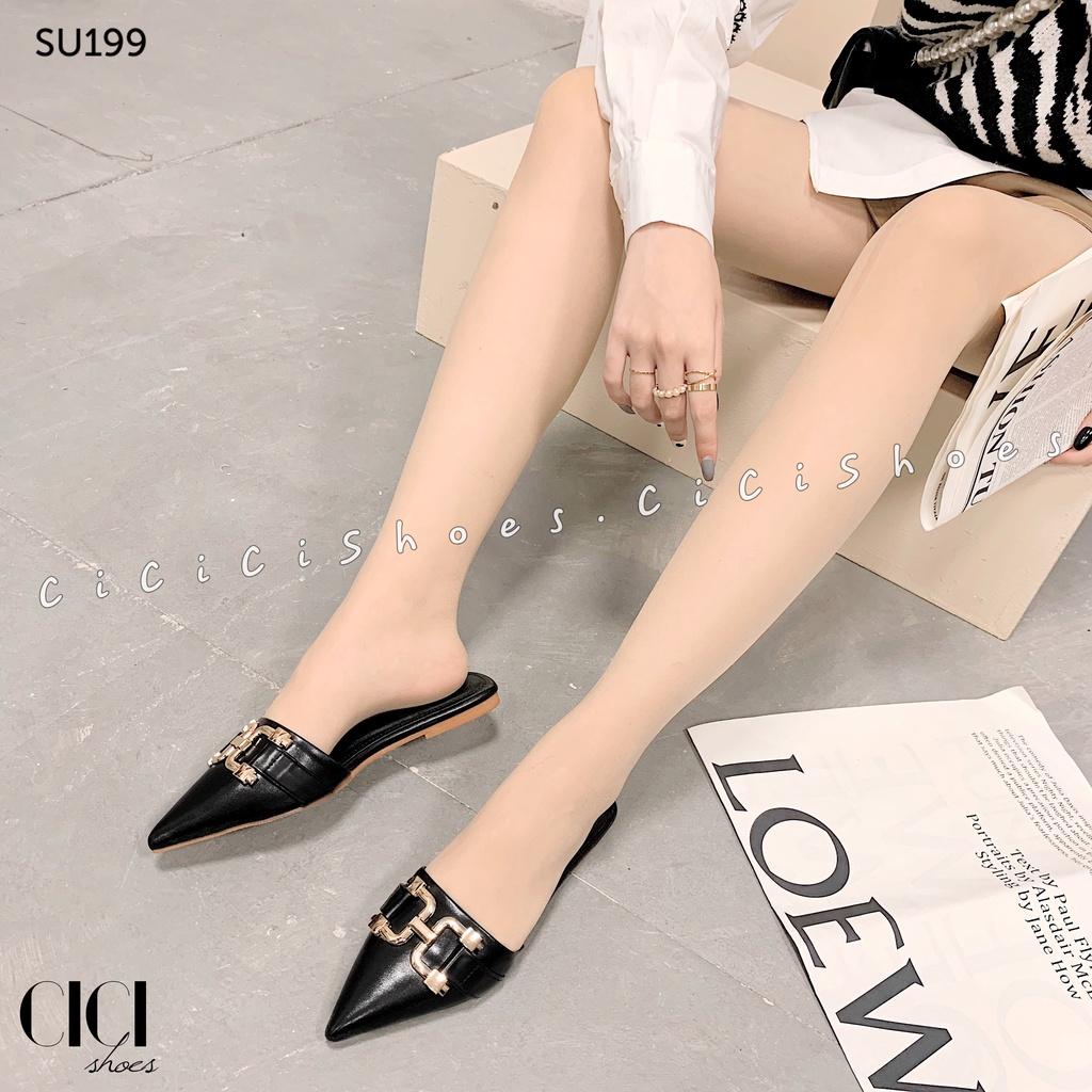 Giày sục nữ CiCi Shoes mũi nhọn, sục bệt da lì khoá móc câu kim loại - SU199