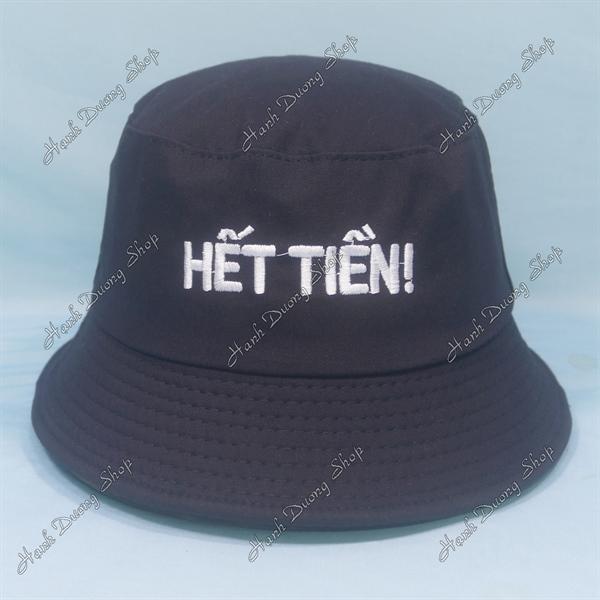 Nón tai bèo mũ bucket vành nhỏ thêu chữ Hết Tiền - Đen