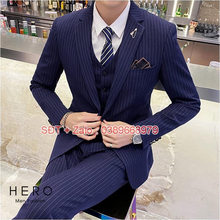 Bộ Vest Nam Cao Cấp màu Xanh than Kẻ sọc, Suit Nam Hàn Quốc Chất Vải Sịn, Quần có tăng chỉnh size