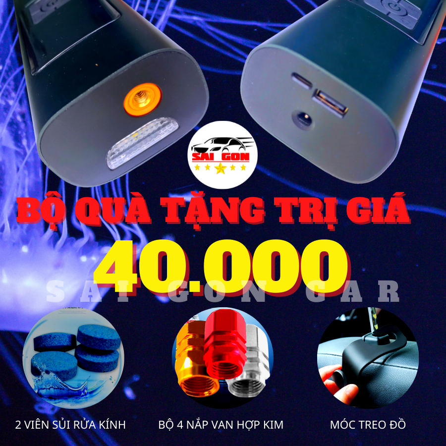 Bơm ô tô 12V đa năng, bơm xe hơi, bơm xe máy, bơm xe đạp kiêm xạc điện thoại, đèn pin, đèn cảnh báo nguy hiểm