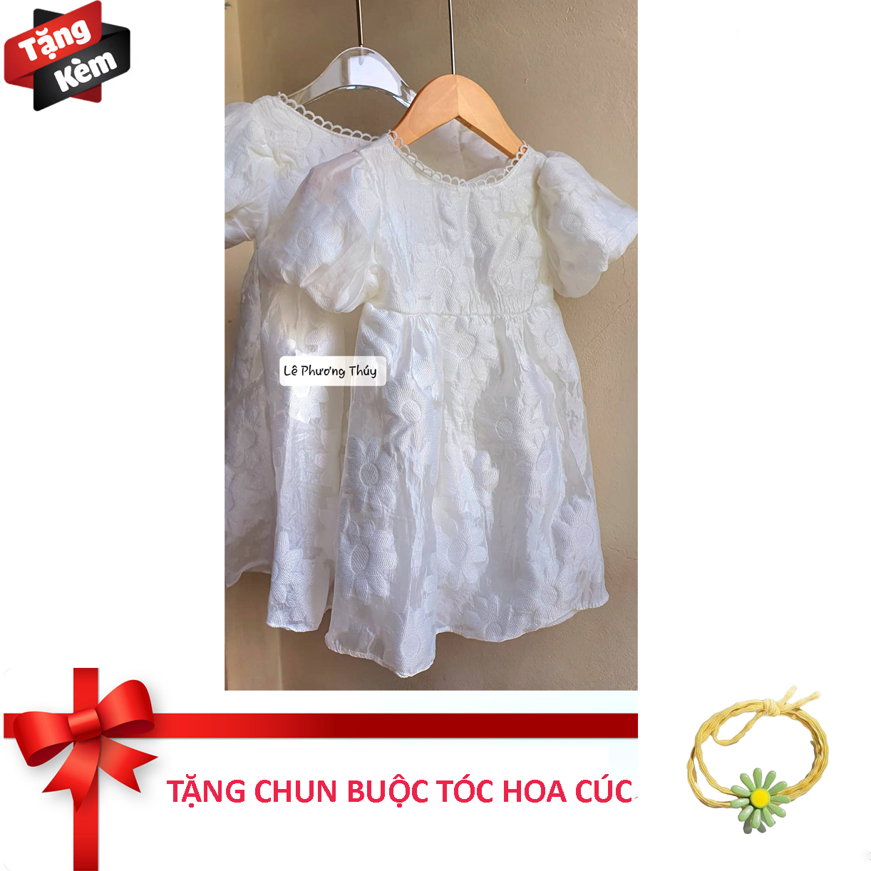 ĐỀM TRẮNG BỒNG TAY CHẤT LIỆU GẤM HOA 2 LỚP KIN ĐÁO CHO BÉ GÁI-KÈM BUỘC TÓC HOA CÚC