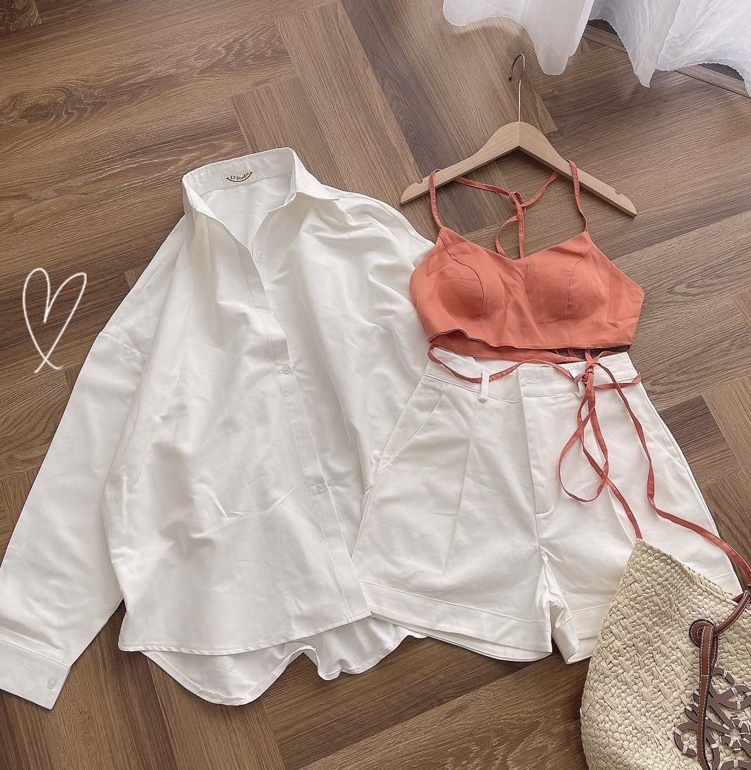 SET ÁO CROPTOP BRA BIKINI 2 DÂY YẾM ĐAN EO + ÁO SƠ MI RỘNG + QUẦN NGẮN LƯNG CAO ỐNG RỘNG SHORTS ĐI BIỂN DẠO PHỐ