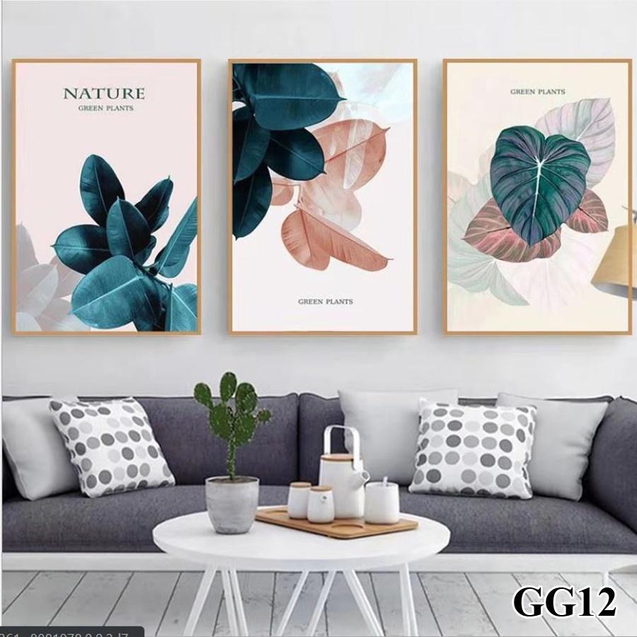 Tranh treo tường canvas 3 bức phong cách hiện đại Bắc Âu 203, tranh hoa lá trang trí phòng khách, phòng ngủ, spa, decor