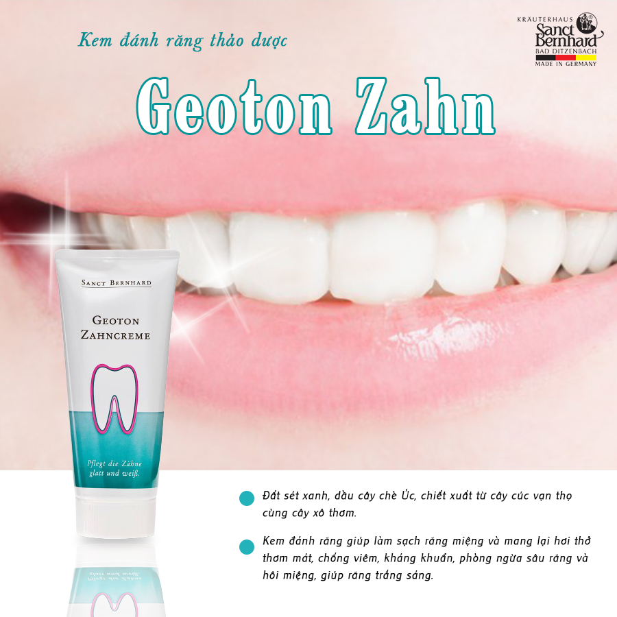 Kem đánh răng Geoton Zahncreme giúp phòng và chống viêm lợi, kháng khuẩn, chống hôi miệng, làm cho răng chắc khỏe và trắng sáng hơn