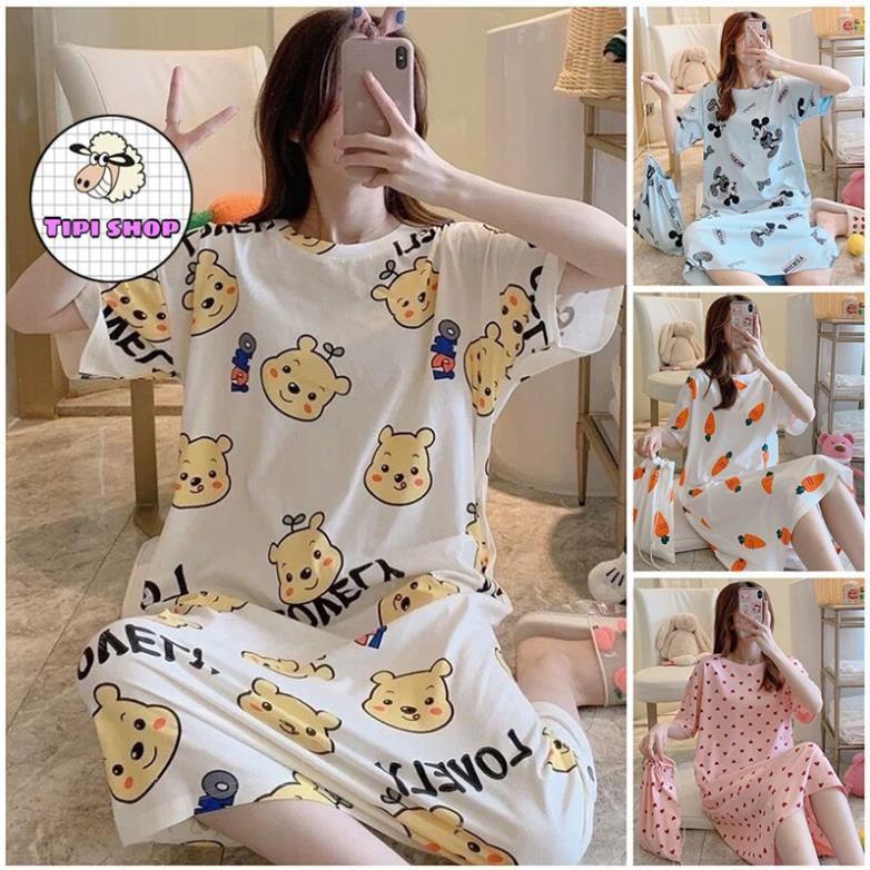 Váy ngủ ngắn tay họa tiết hoạt hình nhiều mẫu
