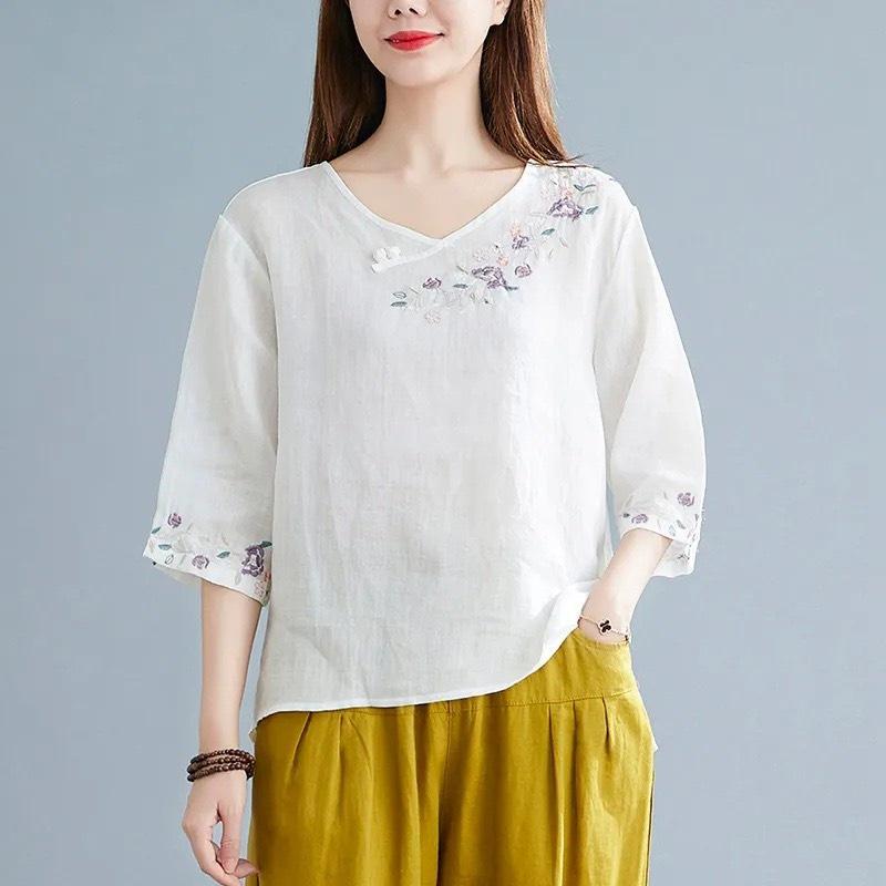 Áo trung niên nữ thêu hoa cổ V lịch sự nhã nhặn cho mẹ , bà đi chơi , đi tiệc