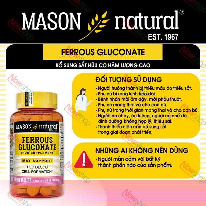 Viên uống bổ sung sắt hữu cơ Mason Natural Ferrous Gluconate hỗ trợ giảm hoa mắt chóng mặt do thiếu máu bảo vệ tim mạch