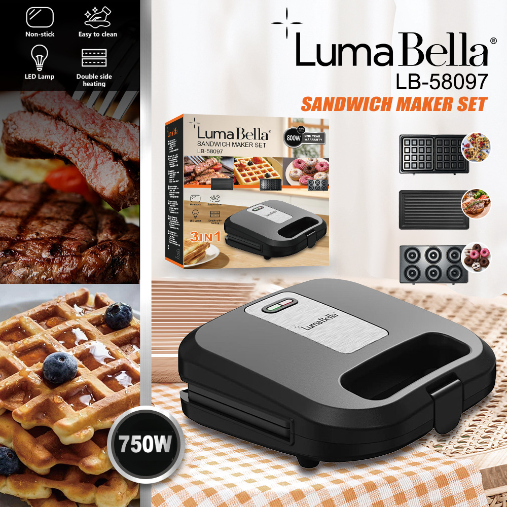 Máy kẹp nướng bánh mì đa năng 3IN1 Lumabella LB-58097 công suất lớn 750W, khay nướng chống dính tháo lắp dễ dàng, dễ vệ sinh - DELIYA - HÀNG CHÍNH HÃNG