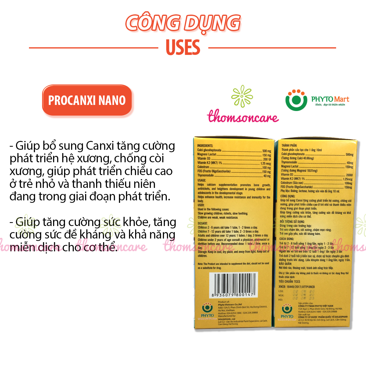 Procanxi Nano Extra - Bổ sung canxi, tăng chiều cao và đề kháng cho bé với Thymodulin và FOS - Hộp 20 ống tiện lợi