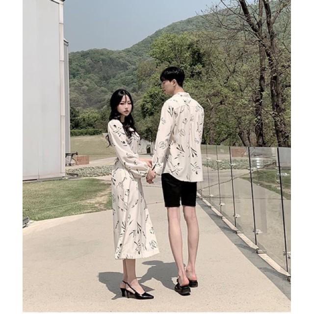Đồ đôi nam nữ  áo đôi hoa lá đi biển du lịch chụp cưới đầm nữ maxi sơ mi nam dài tay Hàn Quốc couple AV48